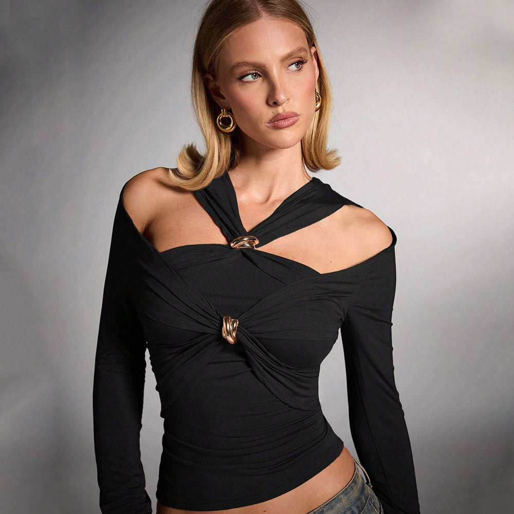 Women’s Halter Off-Shoulder Slim Fit Top – Long Sleeve Fashion Blouse