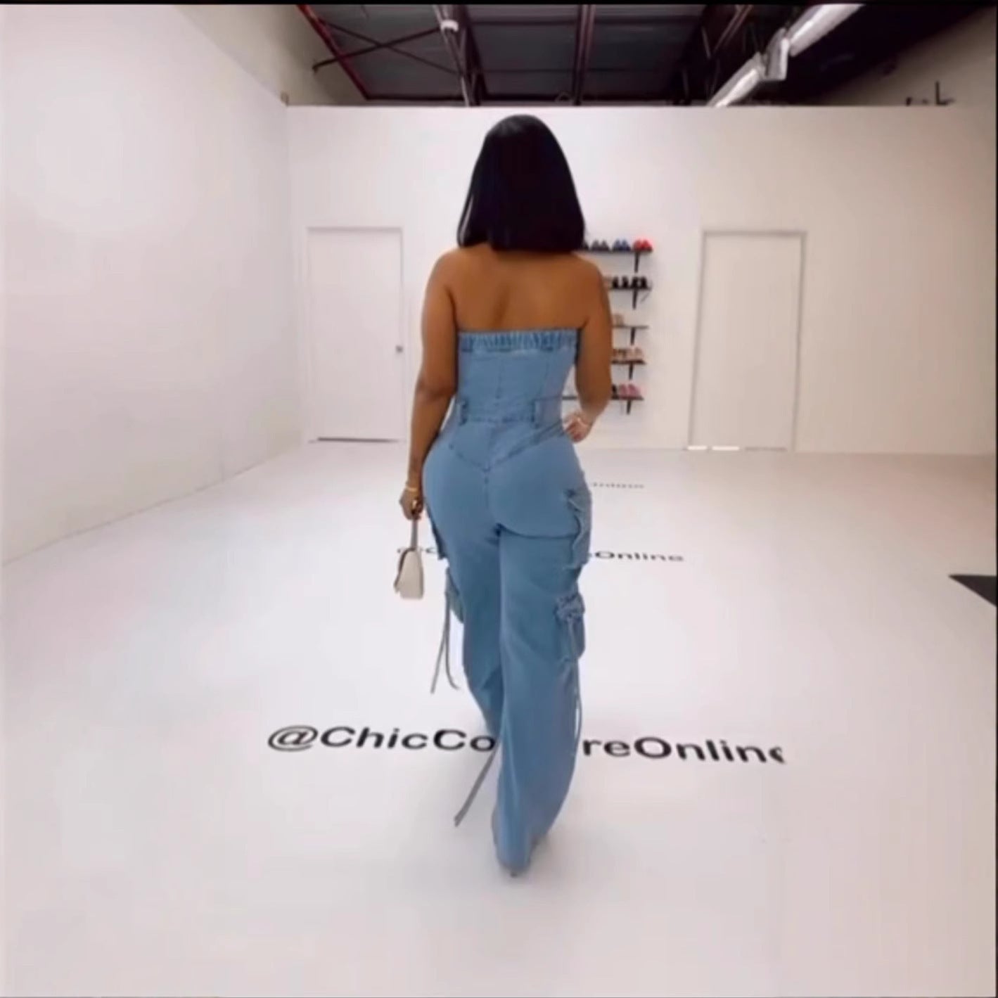 Tube Top Denim Jumpsuit with Multi-Pocket Design – Button-Up Casual Romper