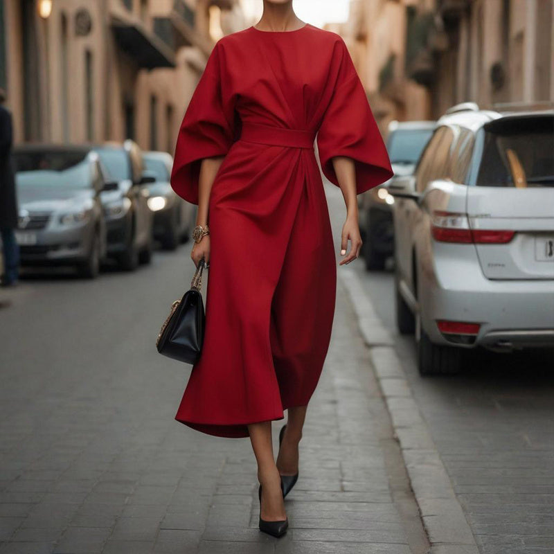 Elegant Plus Size Waist-Defining Maxi Dress with Pleated Design