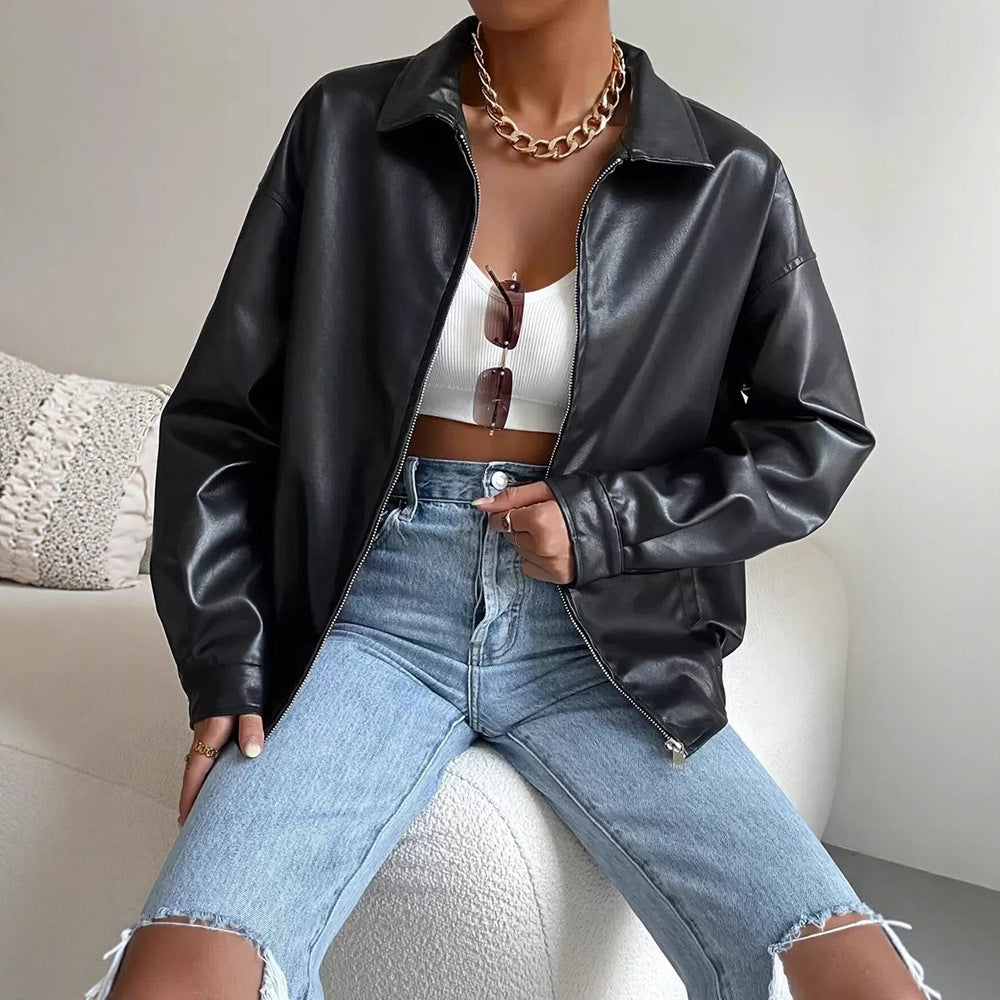PU Leather Retro Biker Jacket – Women’s Long Sleeve Zipper Lapel Coat
