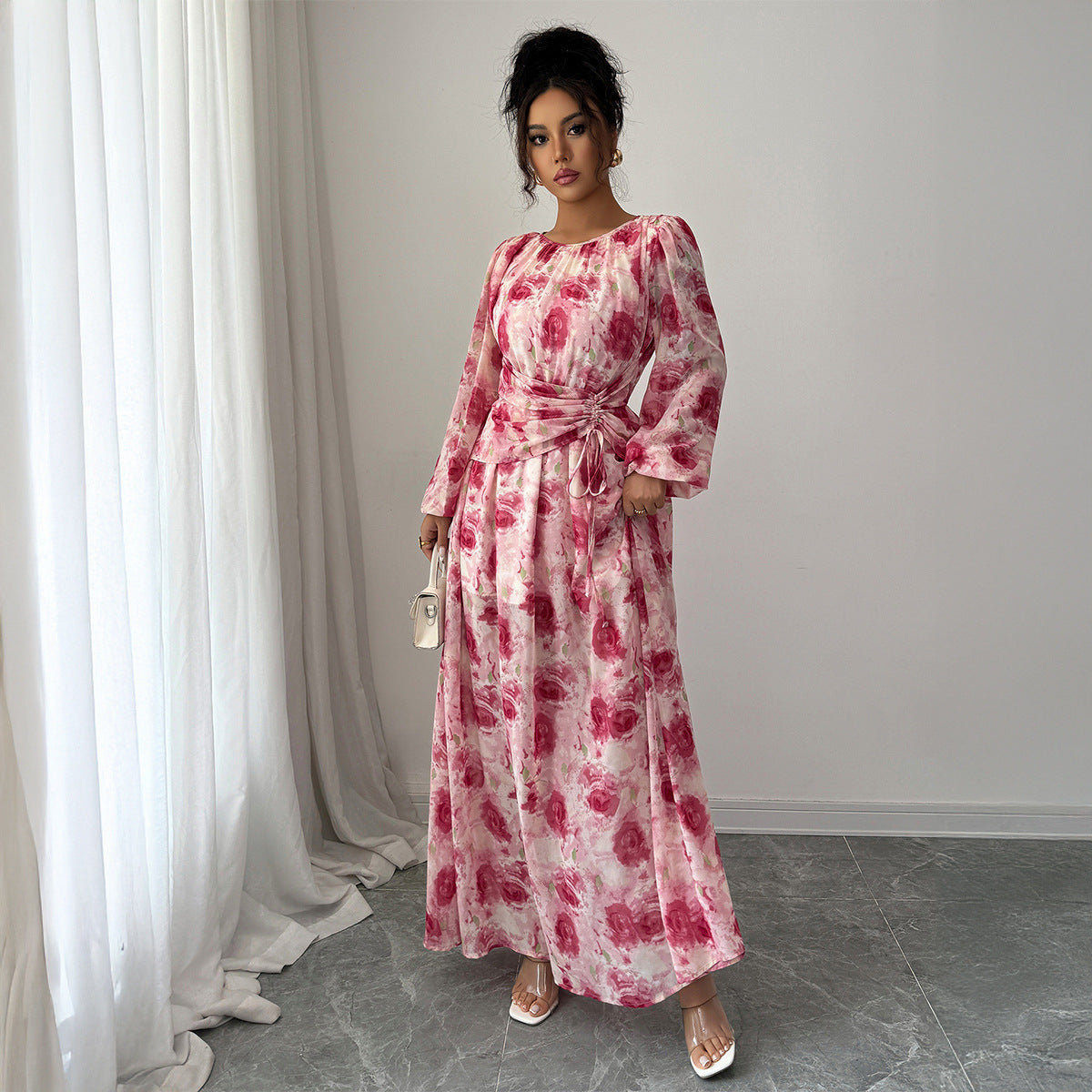 Elegant Women’s Floral Printed Long Sleeve Maxi Dress with Puff Sleeves