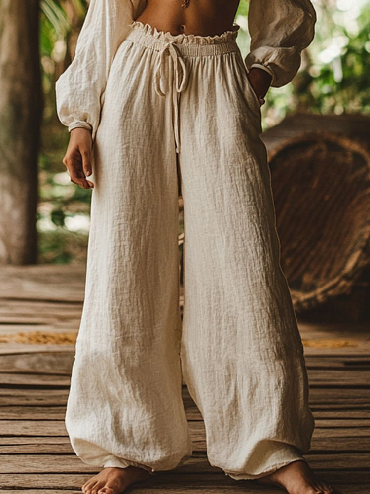 Casual Wide Leg Pants with Elastic Waist & Drawstring – Boho Summer Trousers