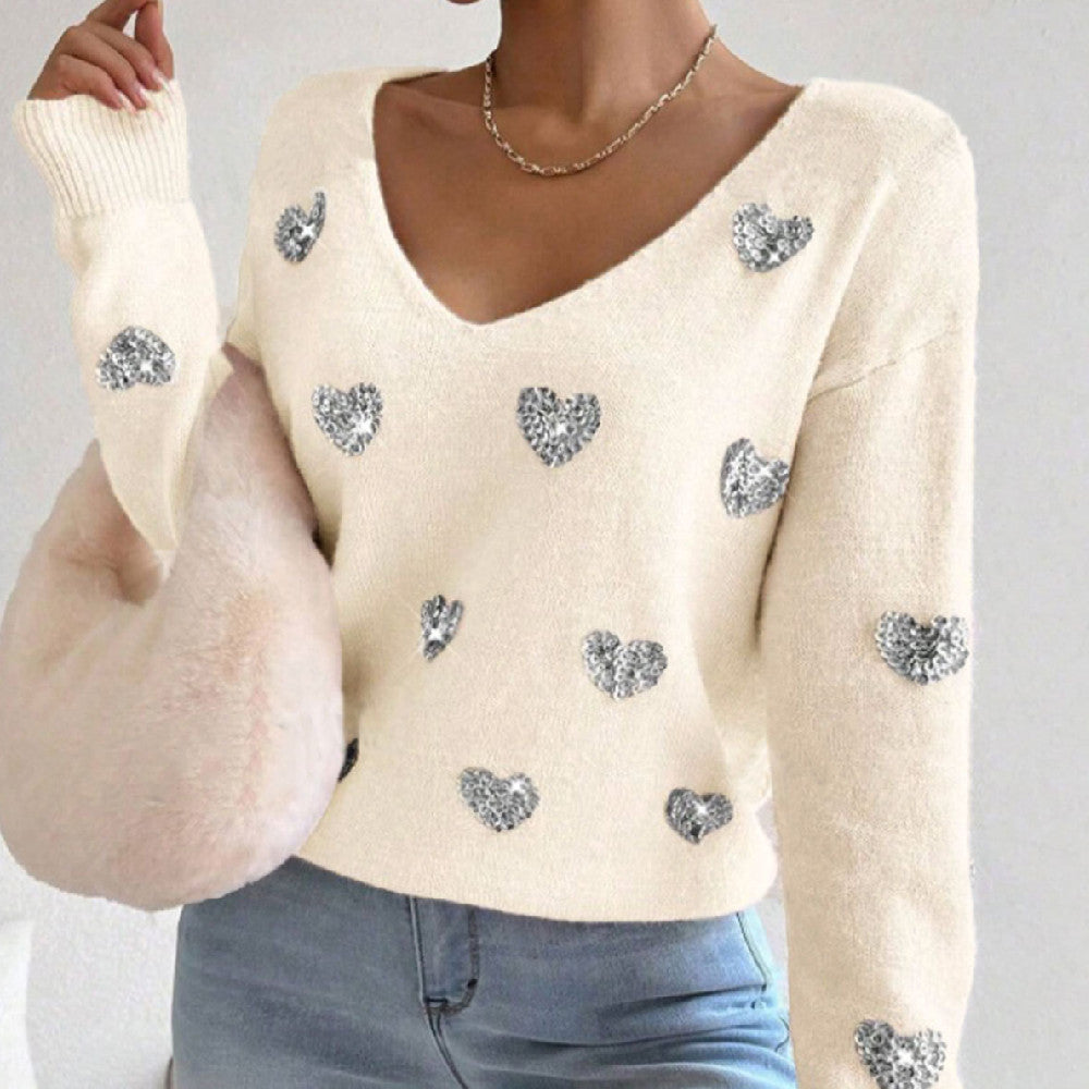 Women’s Embroidered V-Neck Pullover Sweater – Casual Heart Pattern Knit Top