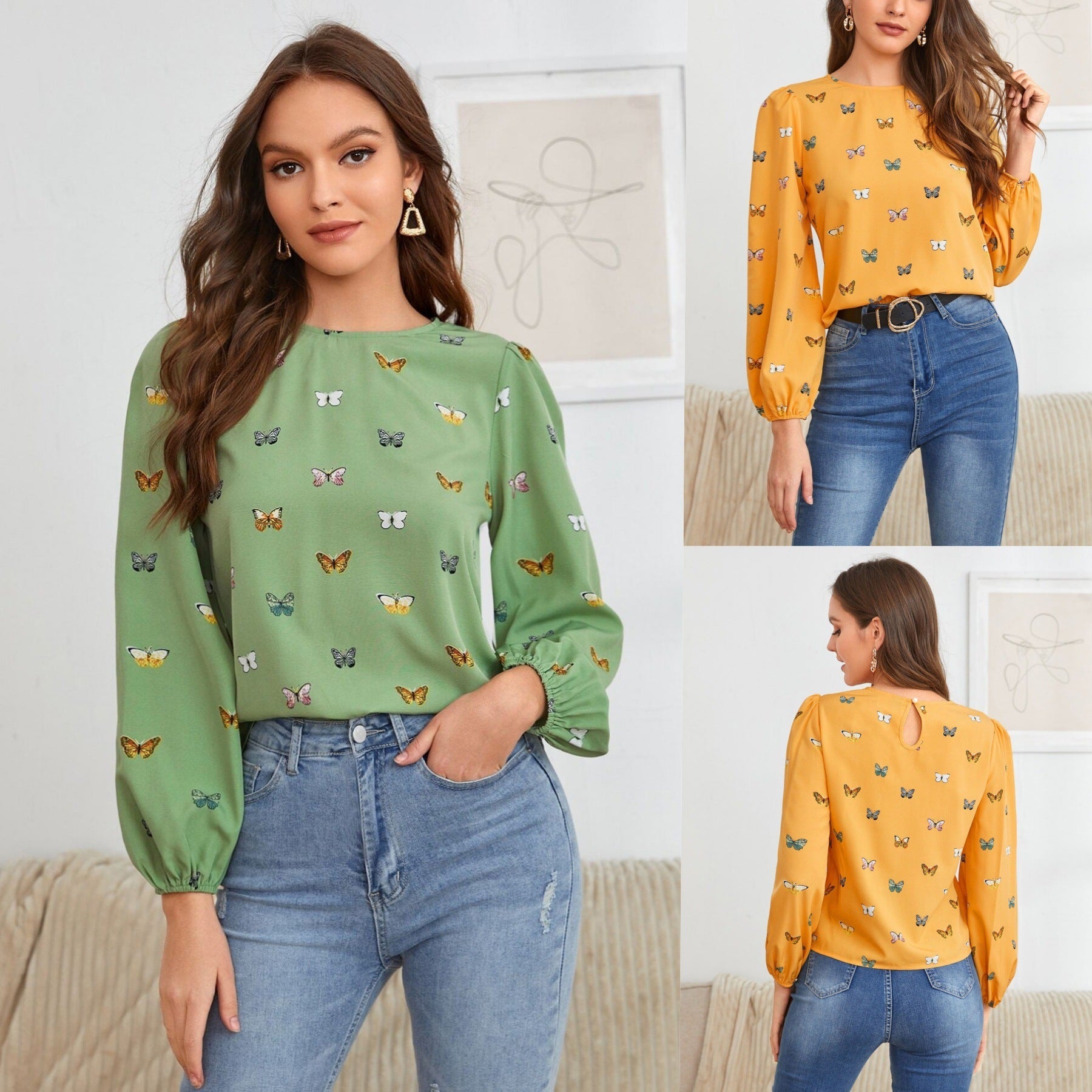Women’s Long Sleeve Butterfly Print Blouse – Casual Loose Fit Shirt