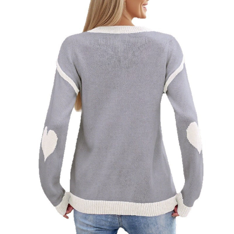 Women’s Pink Heart Knit Sweater – Cozy Round Neck Long Sleeve Pullover