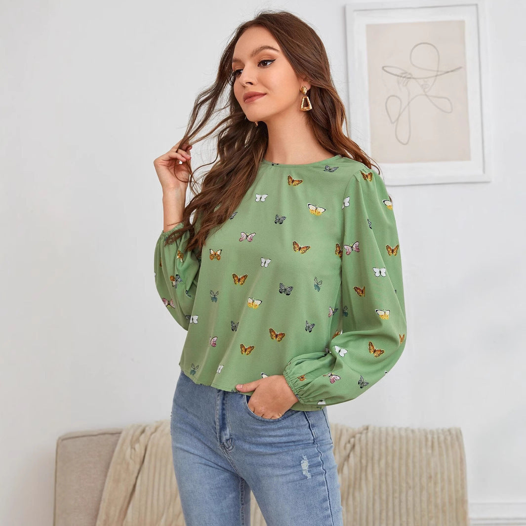 Women’s Long Sleeve Butterfly Print Blouse – Casual Loose Fit Shirt