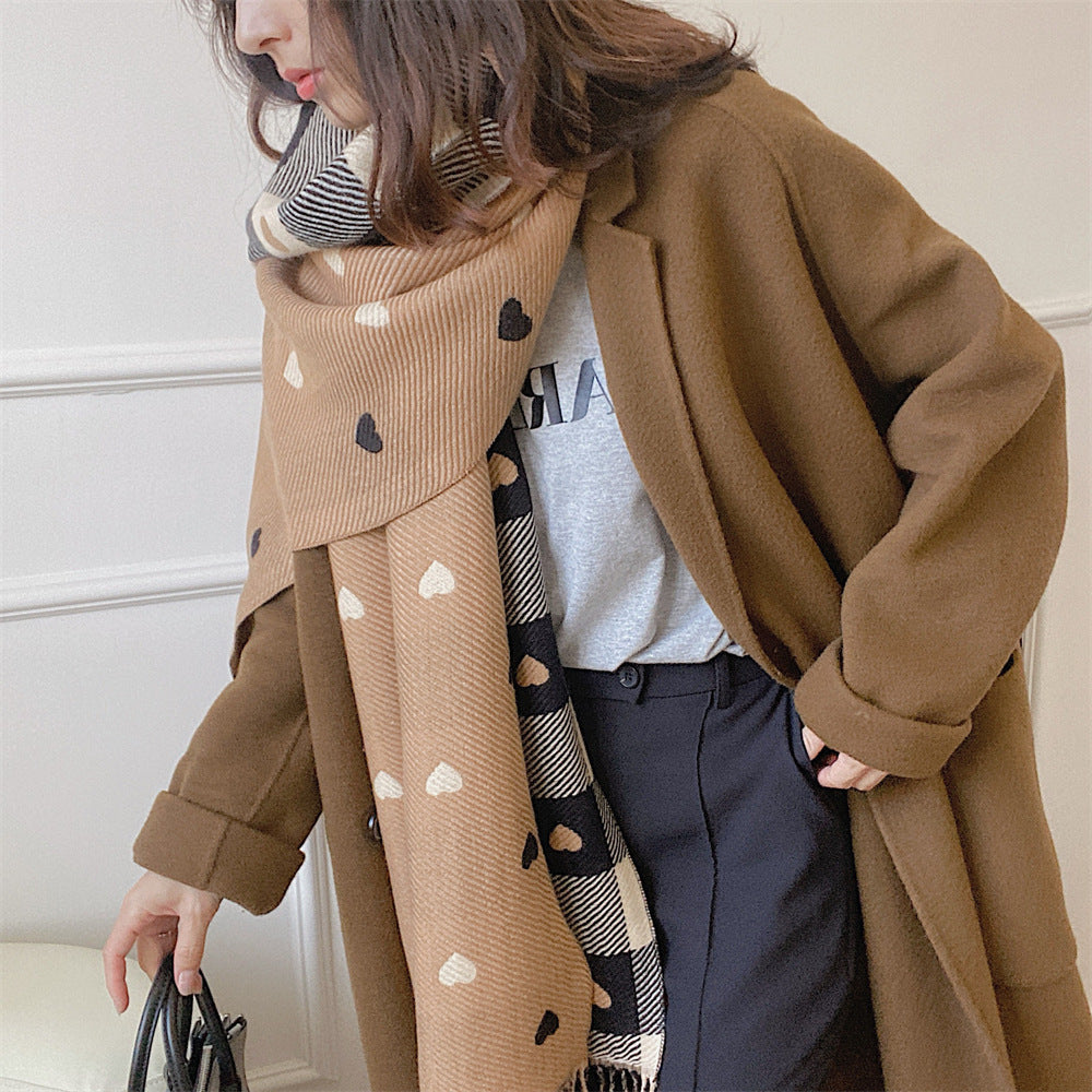 Women’s Winter Heart Plaid Cashmere Scarf – Thick Warm Checkered Shawl with Fringe