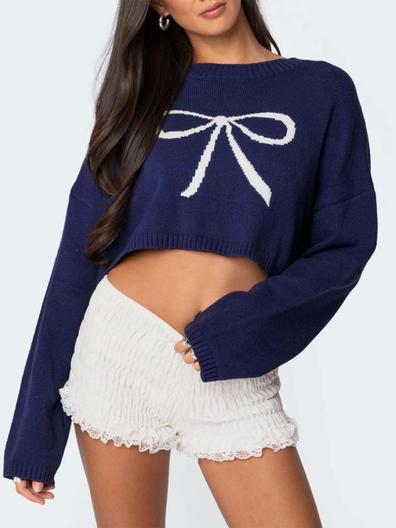 Pullover Cropped Sweater for Women with Bow Design