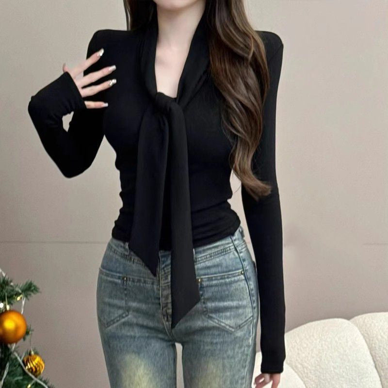 Elegant V-Neck Tie Front Long Sleeve Blouse – Casual Korean Style Top