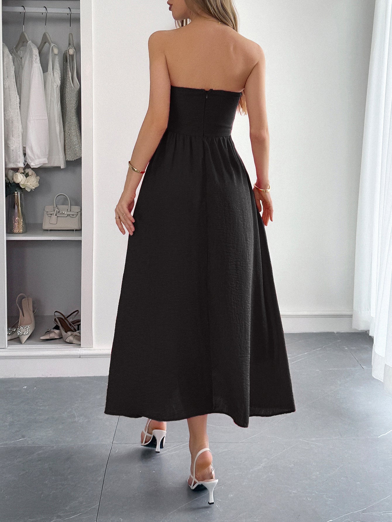 Women’s High Waist Strapless Tube Top Dress Elegant Evening Midi Dress