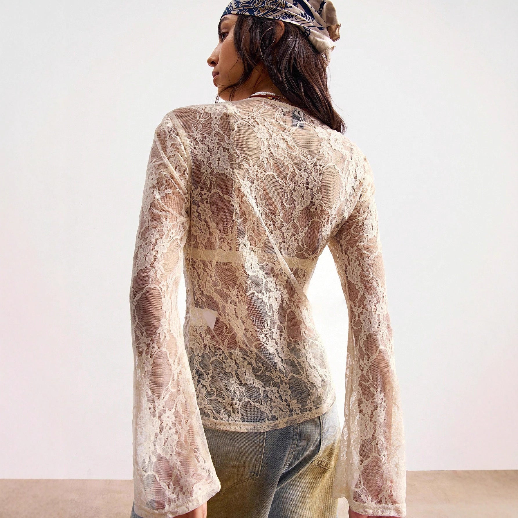 Elegant Sheer Lace Long Sleeve Blouse