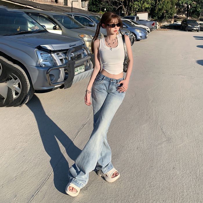 American Retro Low Waist Bell Bottom Jeans – Slim Fit Stretch Denim Pants for Women