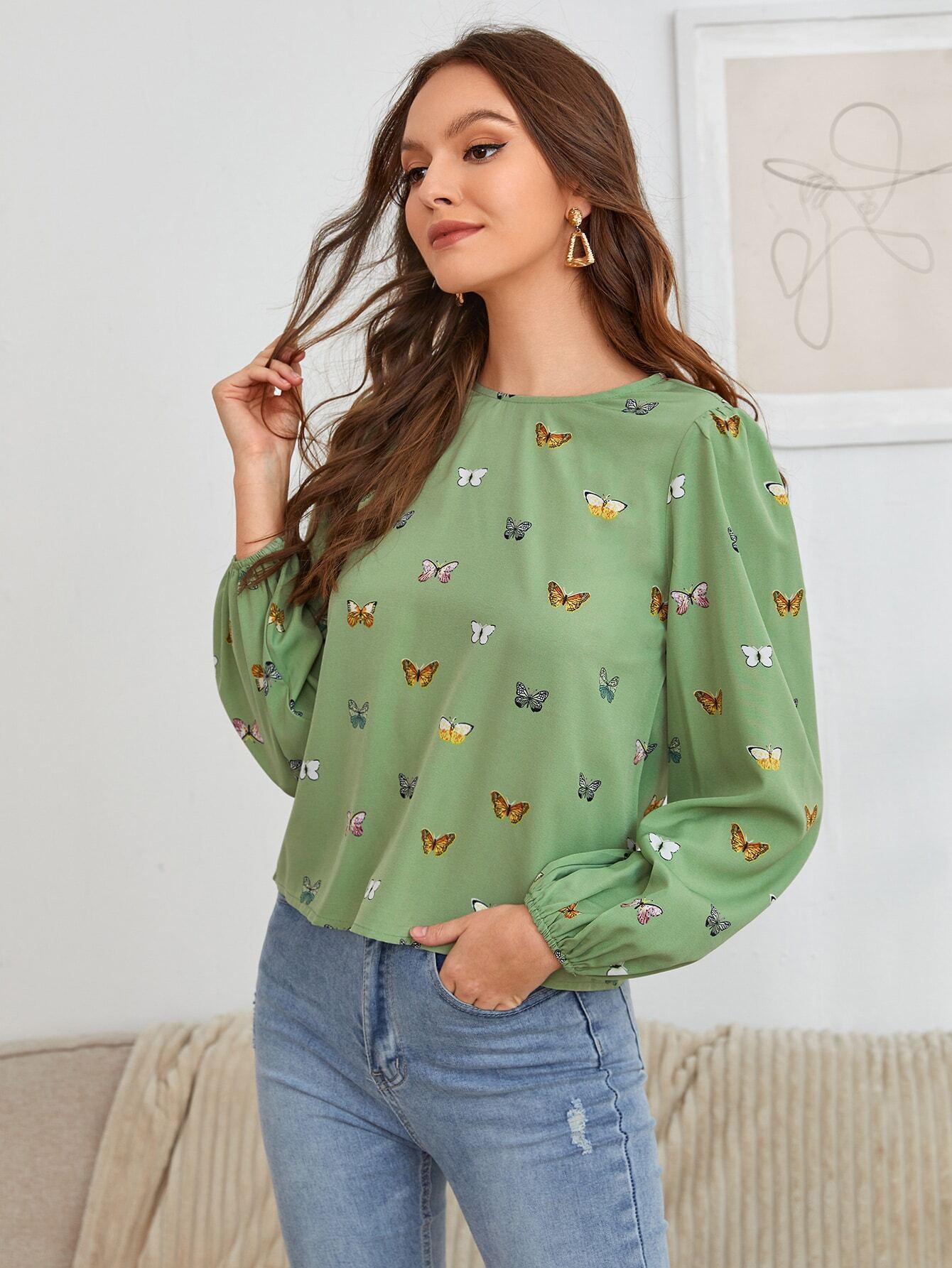 Women’s Long Sleeve Butterfly Print Blouse – Casual Loose Fit Shirt