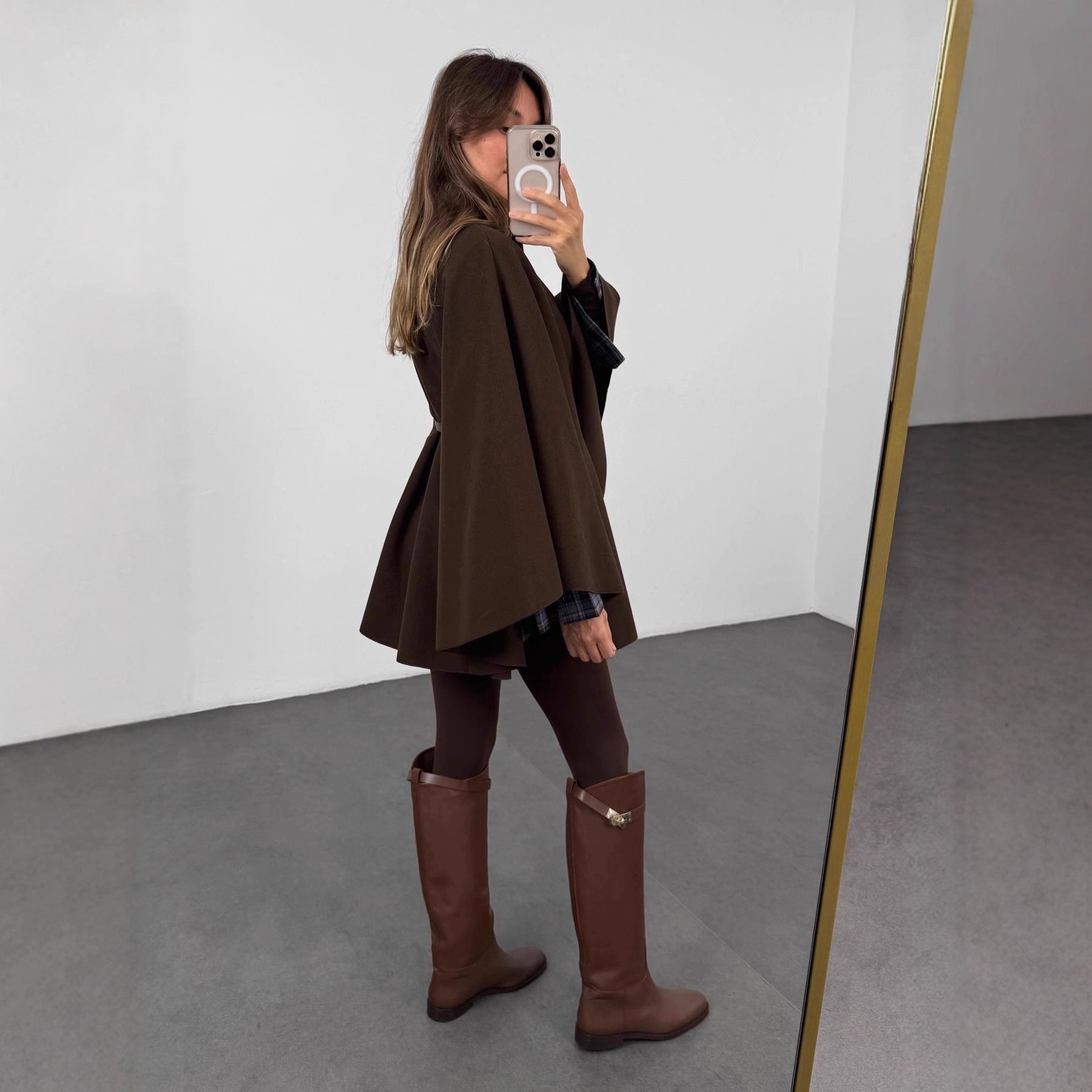 Winter Elegant Woolen Cape Coat – Mid-Length Belted Poncho Style