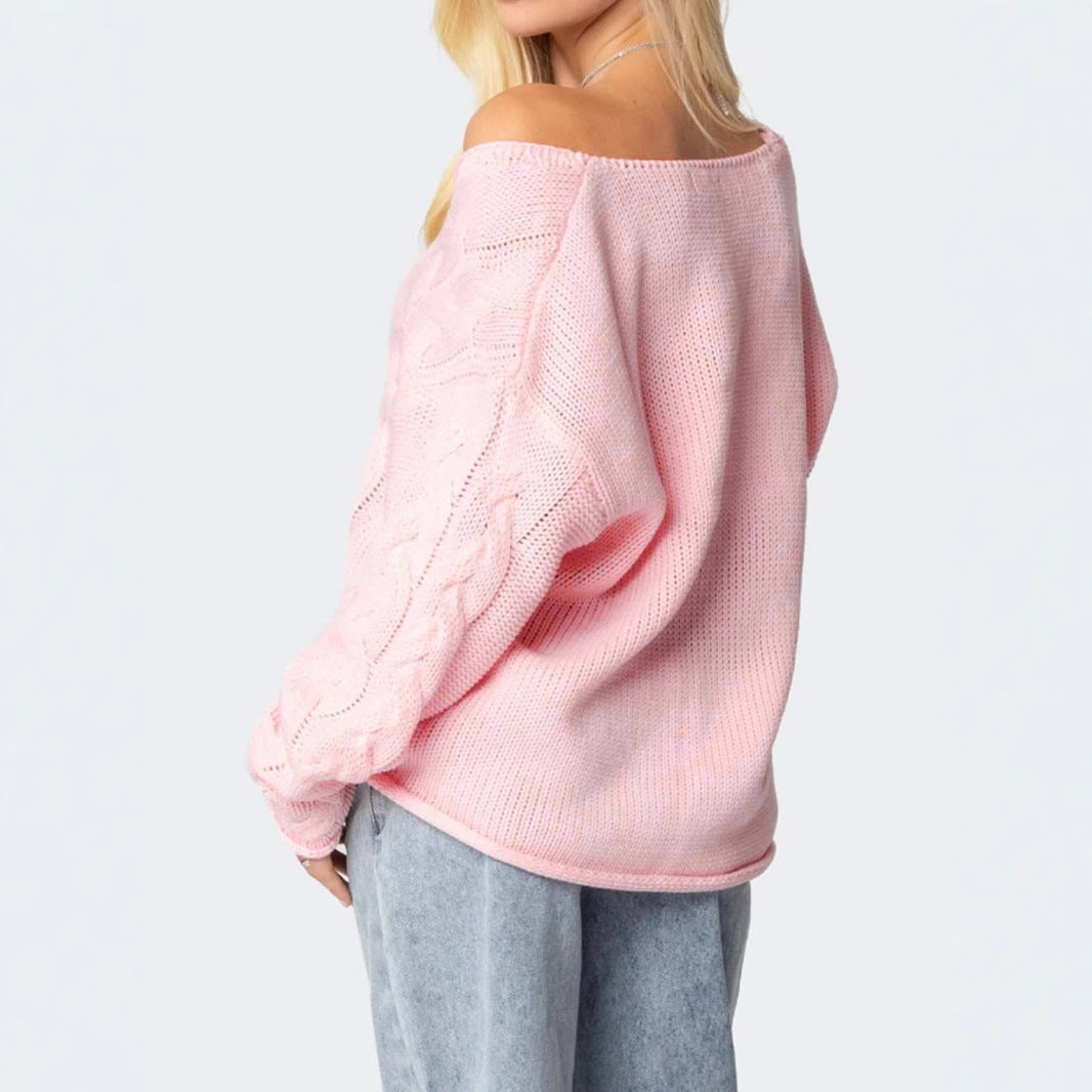 Women’s V-Neck Twist Knitted Pullover Sweater – Casual Loose Long Sleeve Knitwear