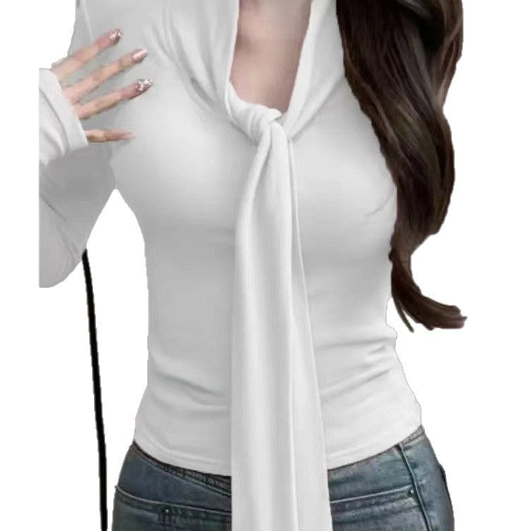 Elegant V-Neck Tie Front Long Sleeve Blouse – Casual Korean Style Top