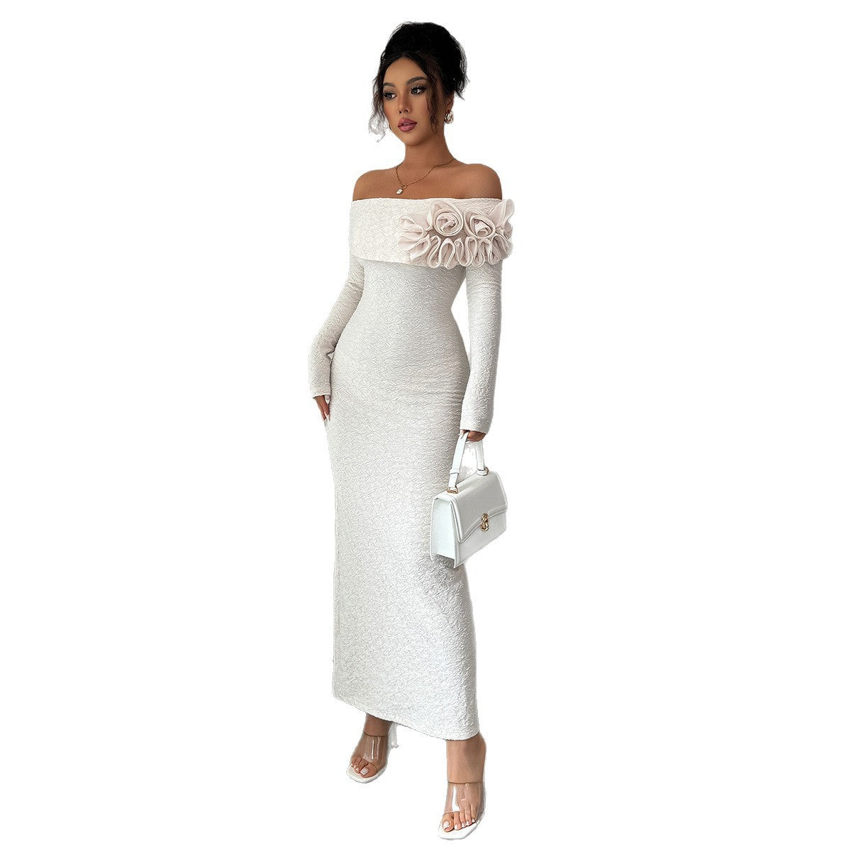 Women’s Long-Sleeved Sheath Off-Shoulder Maxi Dress with Floral Detail