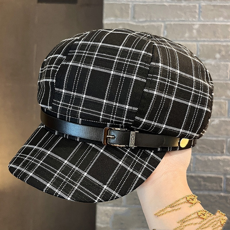 British Retro Plaid Octagonal Hat with Belt – Stylish Dome Cap for Women